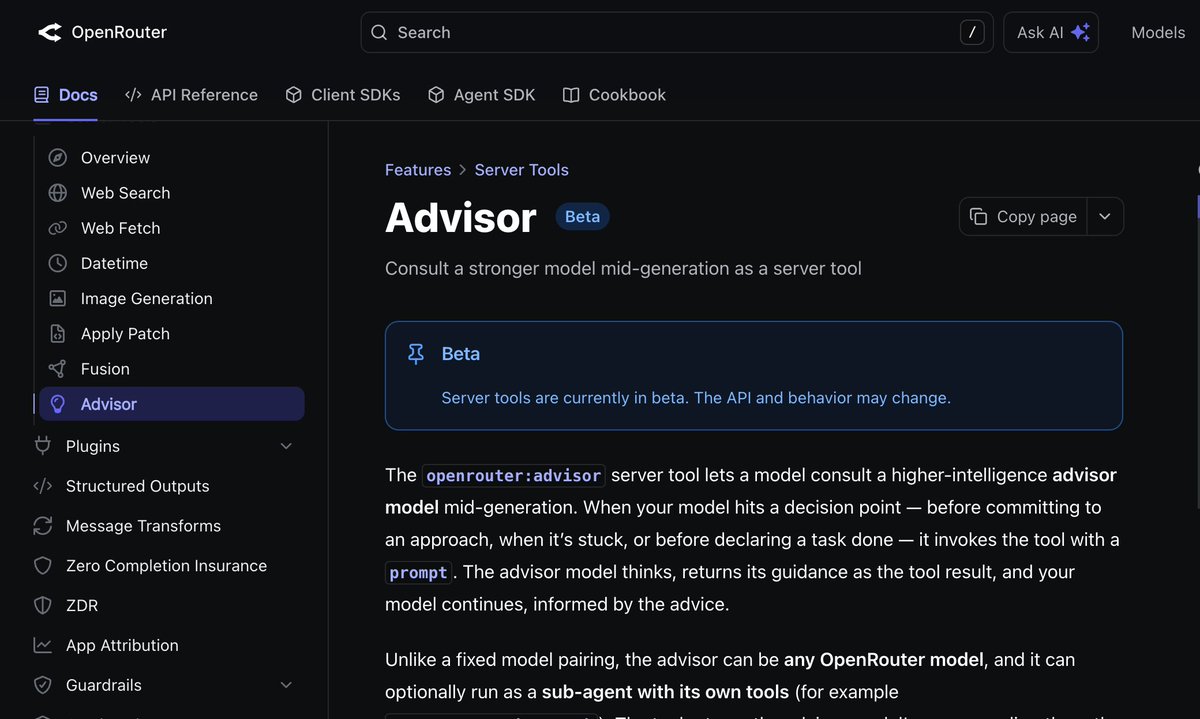 Advisor Beta. Consult a stronger model mid-generation as a server tool. The openrouter:advisor server tool lets a model consult a higher-intelligence advisor model mid-generation.
