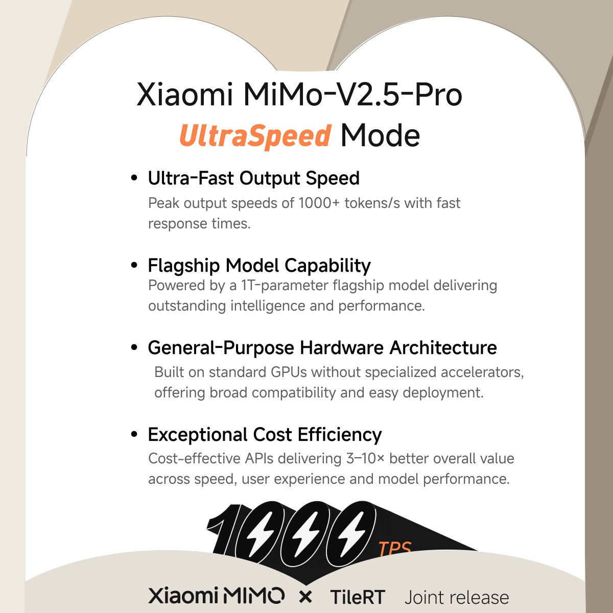 Xiaomi MiMo-V2.5-Pro UltraSpeed Mode
• Ultra-Fast Output Speed
Peak output speeds of 1000+ tokens/s with fast response times.
• Flagship Model Capability
Powered by a 1T-parameter flagship model delivering outstanding intelligence and performance.
• General-Purpose Hardware Architecture
Built on standard GPUs without specialized accelerators, offering broad compatibility and easy deployment.
• Exceptional Cost Efficiency
Cost-effective APIs delivering 3–10× better overall value across speed, user experience and model performance.
1000 TPS
Xiaomi MiMo × TileRT Joint release