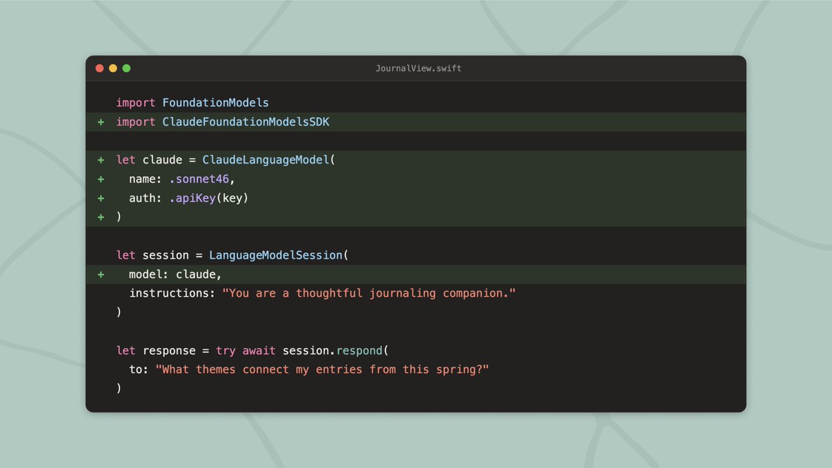 JournalView.swift
import FoundationModels
+ import ClaudeFoundationModelsSDK