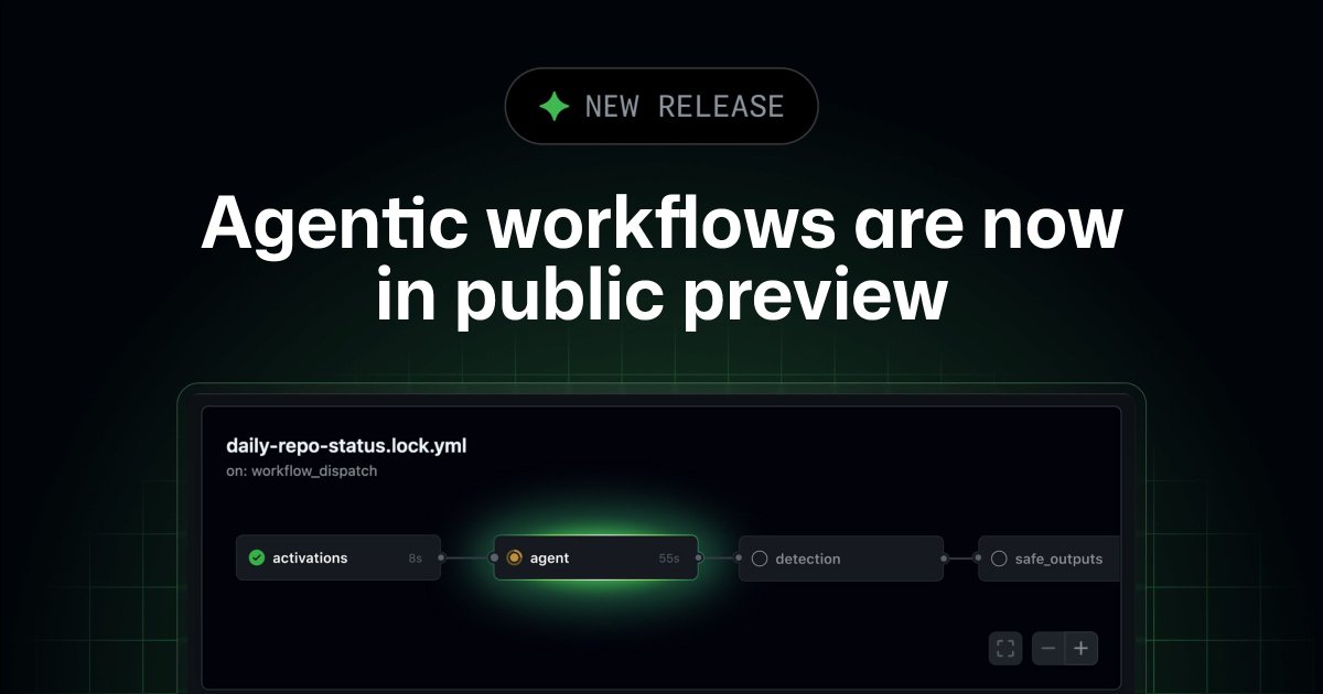 NEW RELEASE
Agentic workflows are now in public preview
daily-repo-status.lock.yml
on: workflow_dispatch
activations 8s
agent 55s
detection
safe_outputs