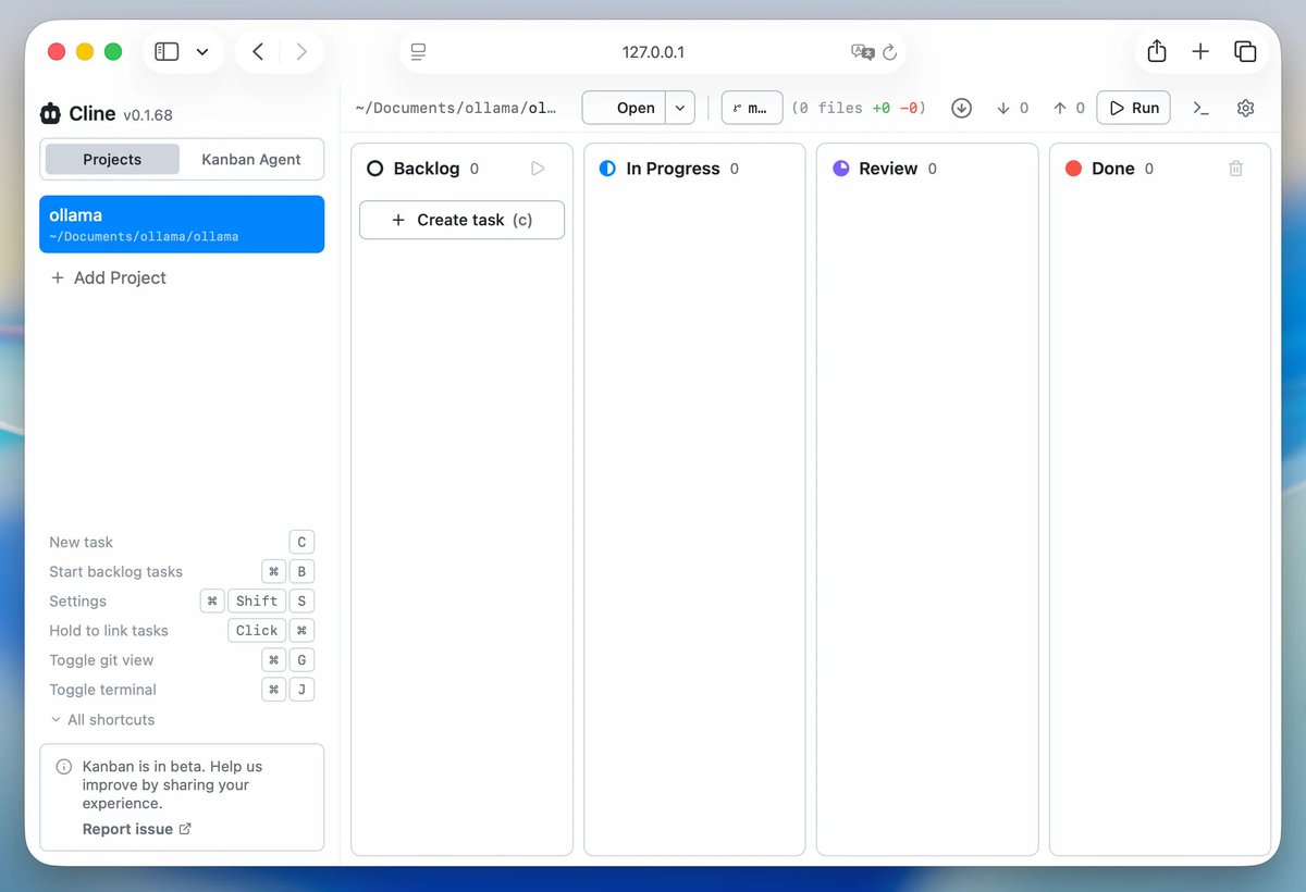 Cline v0.1.68; Projects; Kanban Agent; ollama; ~/Documents/ollama/ollama; + Add Project; Backlog 0; + Create task (c); In Progress 0; Review 0; Done 0; New task C; Start backlog tasks ⌘ B; Settings ⌘ Shift S; Hold to link tasks Click ⌘; Toggle git view ⌘ G; Toggle terminal ⌘ J; All shortcuts; Kanban is in beta. Help us improve by sharing your experience. Report issue