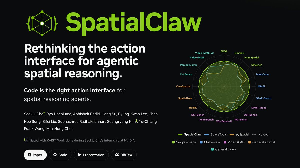 SpatialClaw Rethinking the action interface for agentic spatial reasoning. Code is the right action interface for spatial reasoning agents. Seokju Cho†, Ryo Hachiuma, Abhishek Badki, Hang Su, Byung-Kwan Lee, Chan Hee Song, Sifei Liu, Subhashree Radhakrishnan, Seungryong Kim†, Yu-Chiang Frank Wang, Min-Hung Chen †Affiliated with KAIST. Work done during Seokju Cho's internship at NVIDIA. Paper Code Presentation BibTeX SpatialClaw SpaceTools pySpatial No-tool Single-image Multi-view Video & 4D General spatial General video