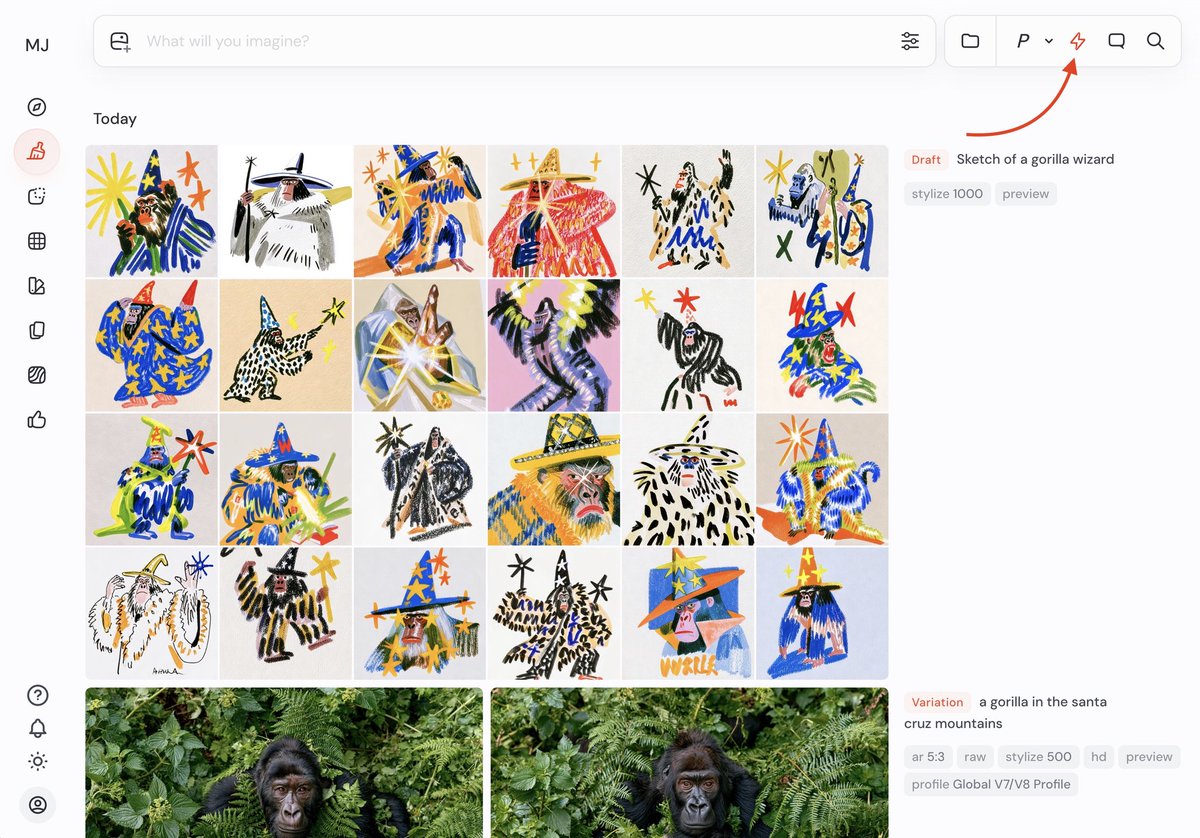 Draft Sketch of a gorilla wizard stylize 1000 preview Variation a gorilla in the santa cruz mountains ar 5:3 raw stylize 500 hd preview profile Global V7/V8 Profile