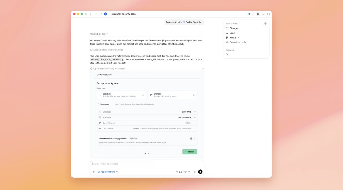 Run a scan with Codex Security; Set up security scan; Scan type; Codebase; Changes; Deep scan; Scan area; Entire codebase; Current branch; master; Last commit; c4e9bd5; Threat model scoping guidance; Start scan
