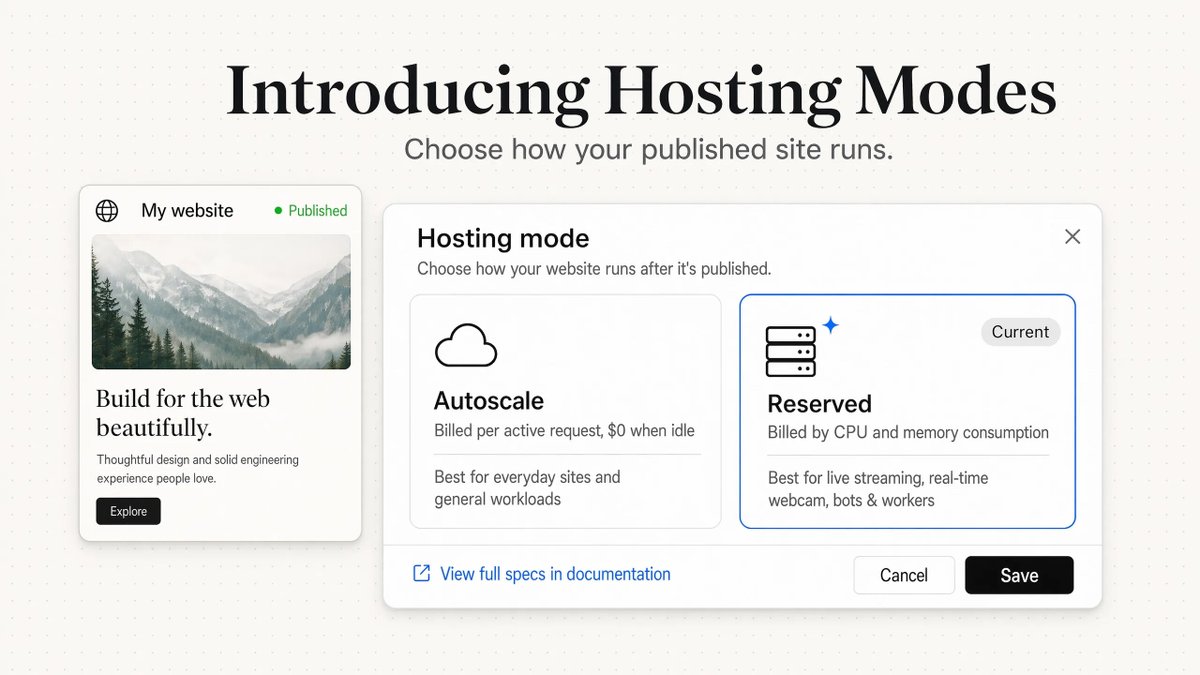 Introducing Hosting Modes
Choose how your published site runs.
Hosting mode
Choose how your website runs after it's published.
Autoscale
Billed per active request, $0 when idle
Best for everyday sites and general workloads
Reserved
Billed by CPU and memory consumption
Best for live streaming, real-time webcam, bots & workers
View full specs in documentation
Cancel
Save