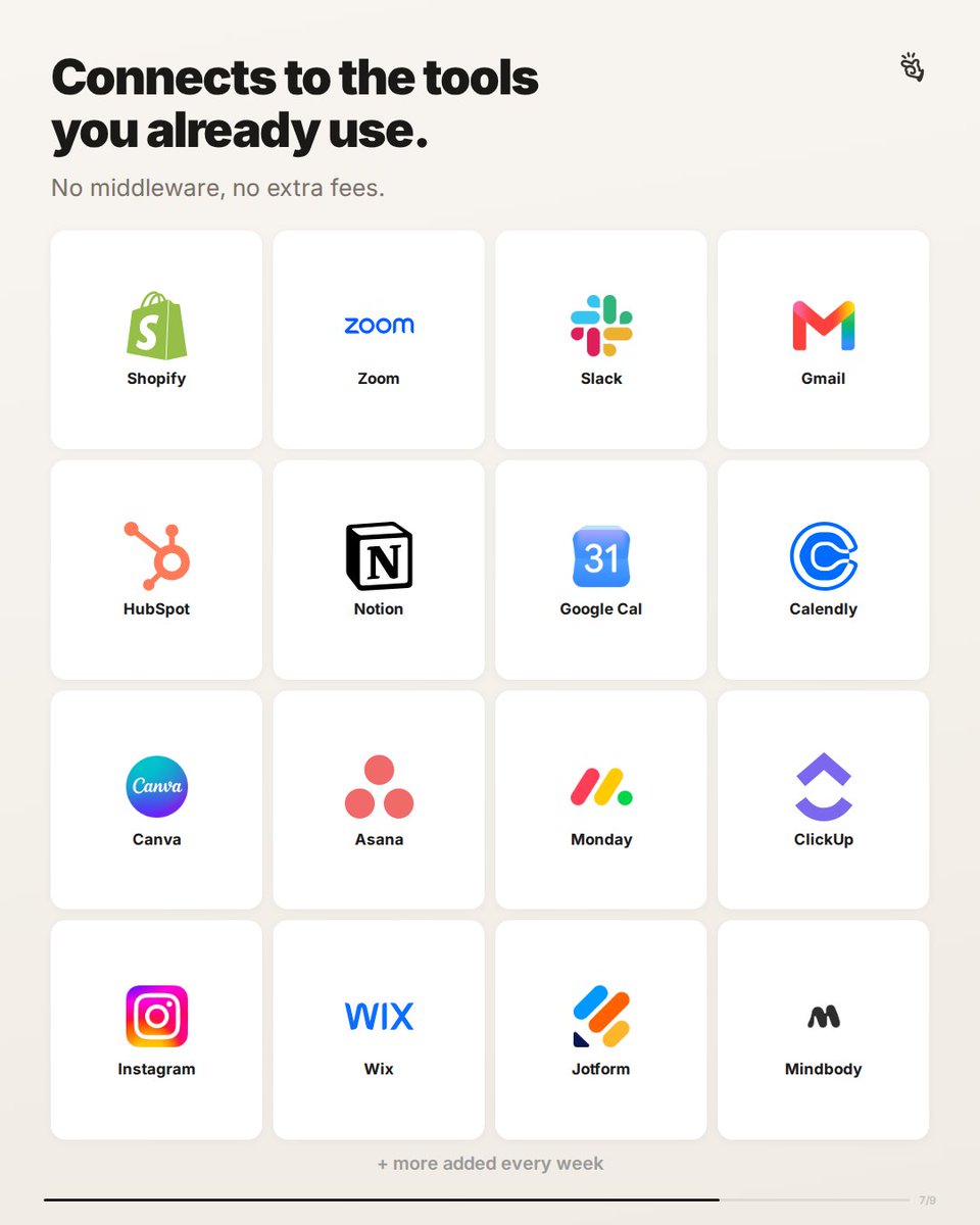 Connects to the tools you already use. No middleware, no extra fees. Shopify, Zoom, Slack, Gmail, HubSpot, Notion, Google Cal, Calendly, Canva, Asana, Monday, ClickUp, Instagram, Wix, Jotform, Mindbody, + more added every week