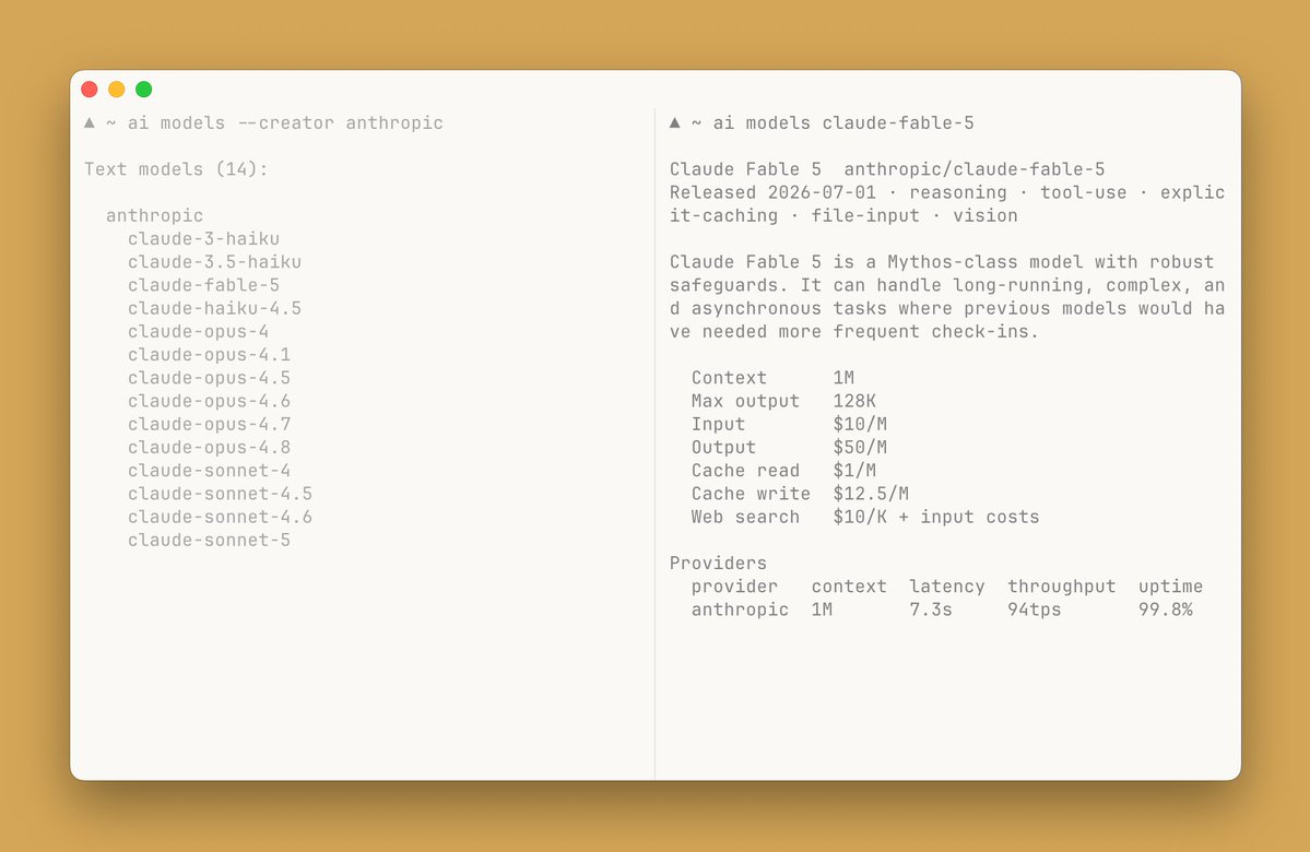 Claude Fable 5 anthropic/claude-fable-5
Released 2026-07-01 · reasoning · tool-use · explicit-caching · file-input · vision