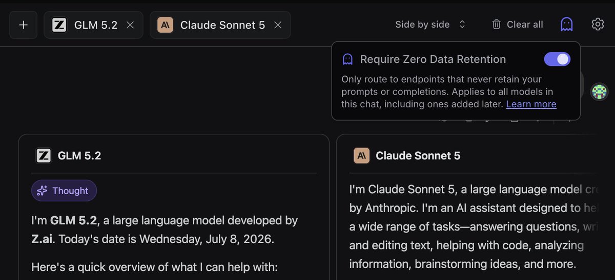 Require Zero Data Retention. Only route to endpoints that never retain your prompts or completions. Applies to all models in this chat, including ones added later. Learn more