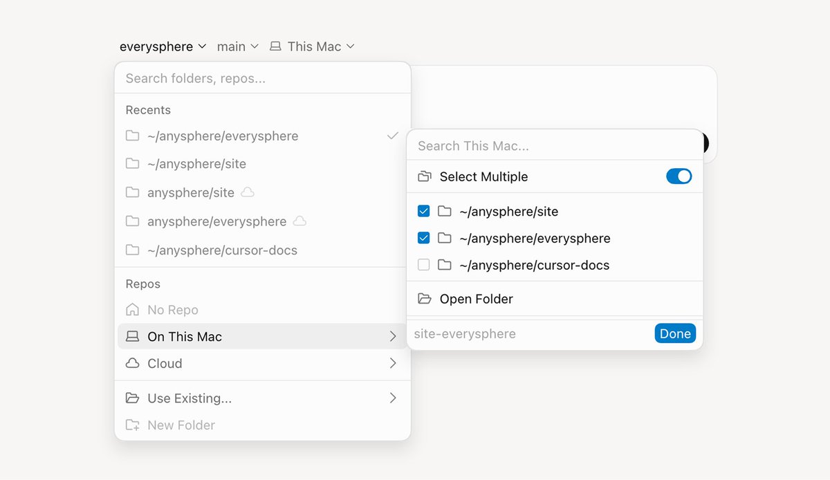 Search This Mac... Select Multiple ~/anysphere/site ~/anysphere/everysphere ~/anysphere/cursor-docs Open Folder site-everysphere Done
