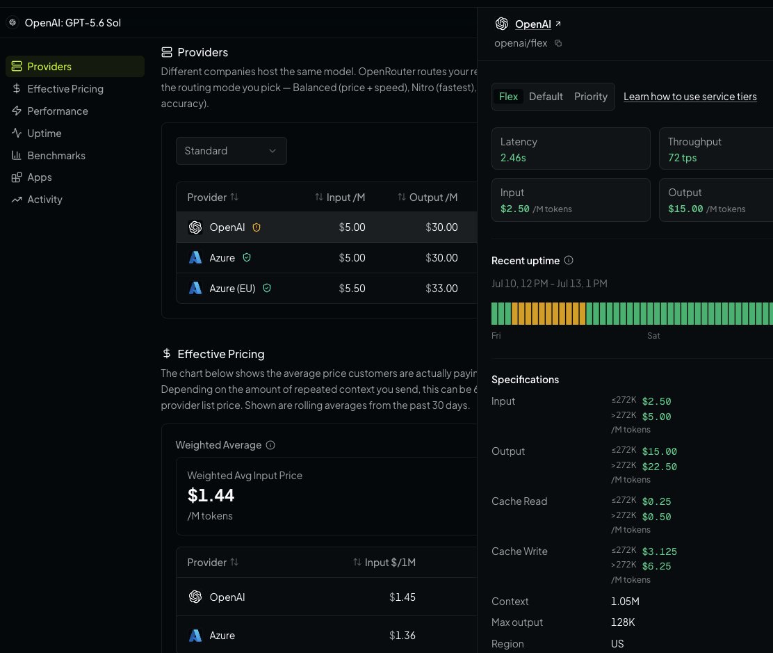 Providers
Different companies host the same model. OpenRouter routes your requests based on the routing mode you pick — Balanced (price + speed), Nitro (fastest), or Quality (highest accuracy).