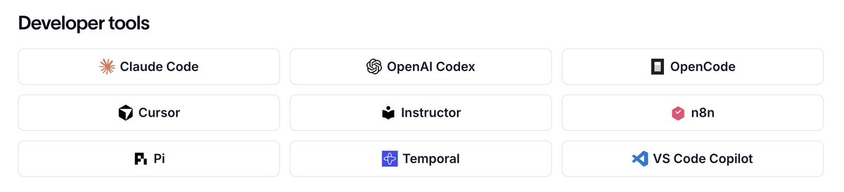 Developer tools
Claude Code
OpenAI Codex
OpenCode
Cursor
Instructor
n8n
Pi
Temporal
VS Code Copilot