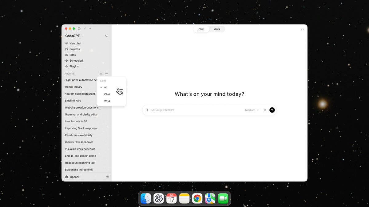 Chat, Work, Filter, ✓ All, Chat, Work, What's on your mind today?, + Message ChatGPT, Medium