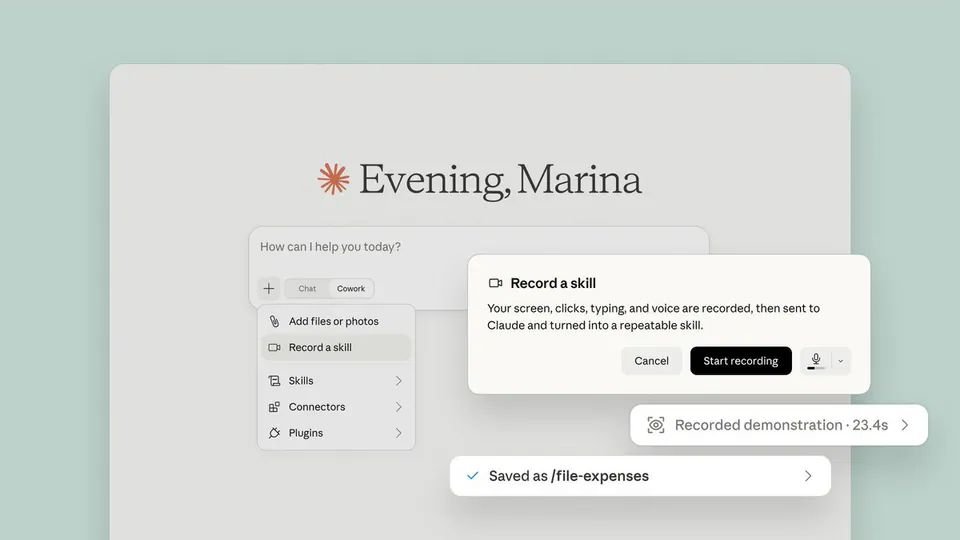 Record a skill
Your screen, clicks, typing, and voice are recorded, then sent to Claude and turned into a repeatable skill.
Recorded demonstration · 23.4s
Saved as /file-expenses