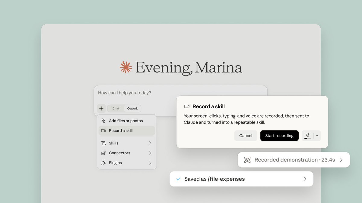 Record a skill
Your screen, clicks, typing, and voice are recorded, then sent to Claude and turned into a repeatable skill.
Recorded demonstration · 23.4s
Saved as /file-expenses