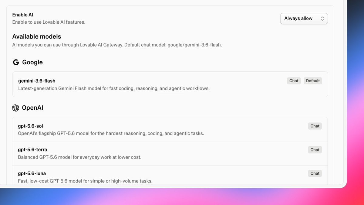Enable AI
Enable to use Lovable AI features.
Always allow
Available models
AI models you can use through Lovable AI Gateway. Default chat model: google/gemini-3.6-flash.
G Google
gemini-3.6-flash
Latest-generation Gemini Flash model for fast coding, reasoning, and agentic workflows.
Chat Default
OpenAI
gpt-5.6-sol
OpenAI's flagship GPT-5.6 model for the hardest reasoning, coding, and agentic tasks.
Chat
gpt-5.6-terra
Balanced GPT-5.6 model for everyday work at lower cost.
Chat
gpt-5.6-luna
Fast, low-cost GPT-5.6 model for simple or high-volume tasks.
Chat