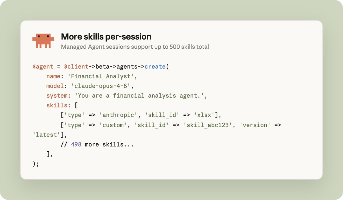 More skills per-session
Managed Agent sessions support up to 500 skills total