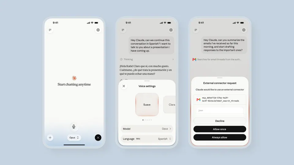 Voice settings; Suave; Clara; Model Opus; Language Beta Spanish; External connector request; Claude would like to use an external connector; mcp_db9af72d-57ba-4a29-bc47-02cbc2e7eb67_search_threads; Decline; Allow once; Always allow