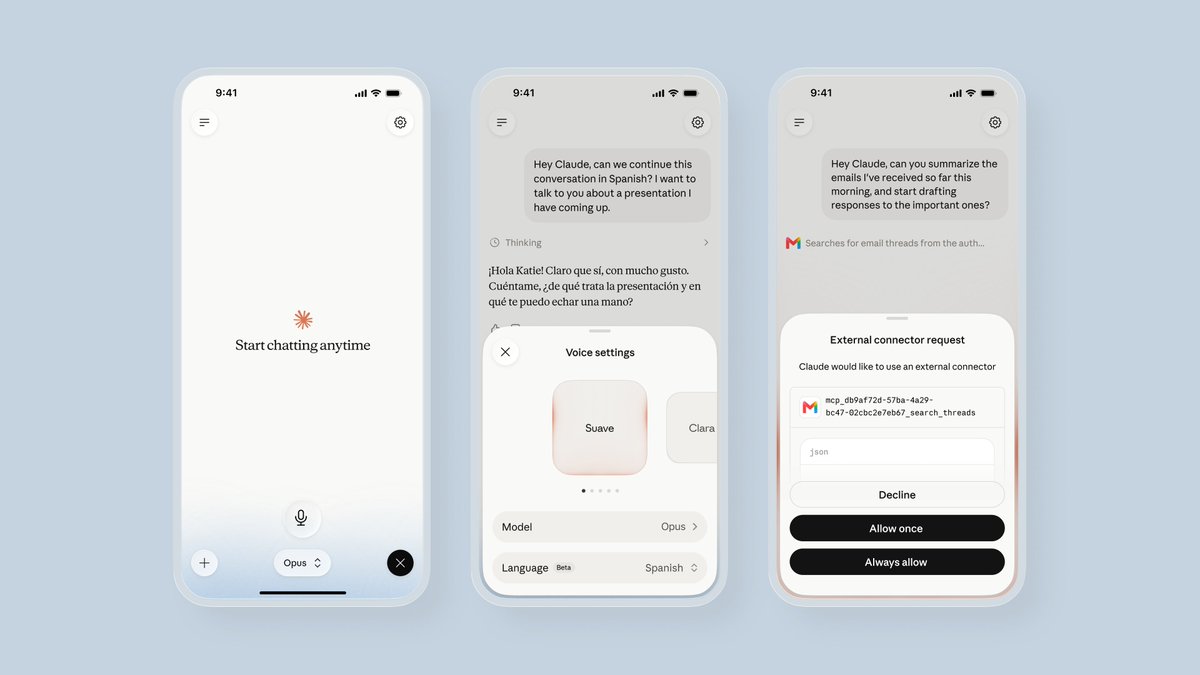 Voice settings; Suave; Clara; Model Opus; Language Beta Spanish; External connector request; Claude would like to use an external connector; mcp_db9af72d-57ba-4a29-bc47-02cbc2e7eb67_search_threads; Decline; Allow once; Always allow