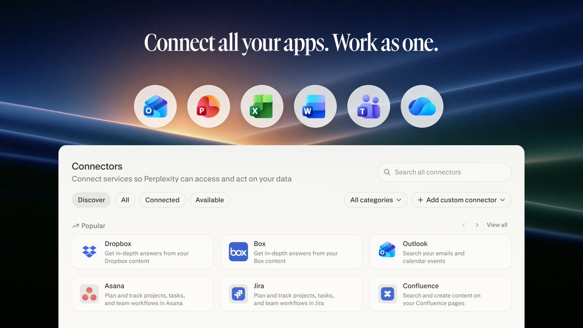 Connectors Connect services so Perplexity can access and act on your data Discover All Connected Available All categories + Add custom connector Popular Dropbox Get in-depth answers from your Dropbox content Box Get in-depth answers from your Box content Outlook Search your emails and calendar events Asana Plan and track projects, tasks, and team workflows in Asana Jira Plan and track projects, tasks, and team workflows in Jira Confluence Search and create content on your Confluence pages