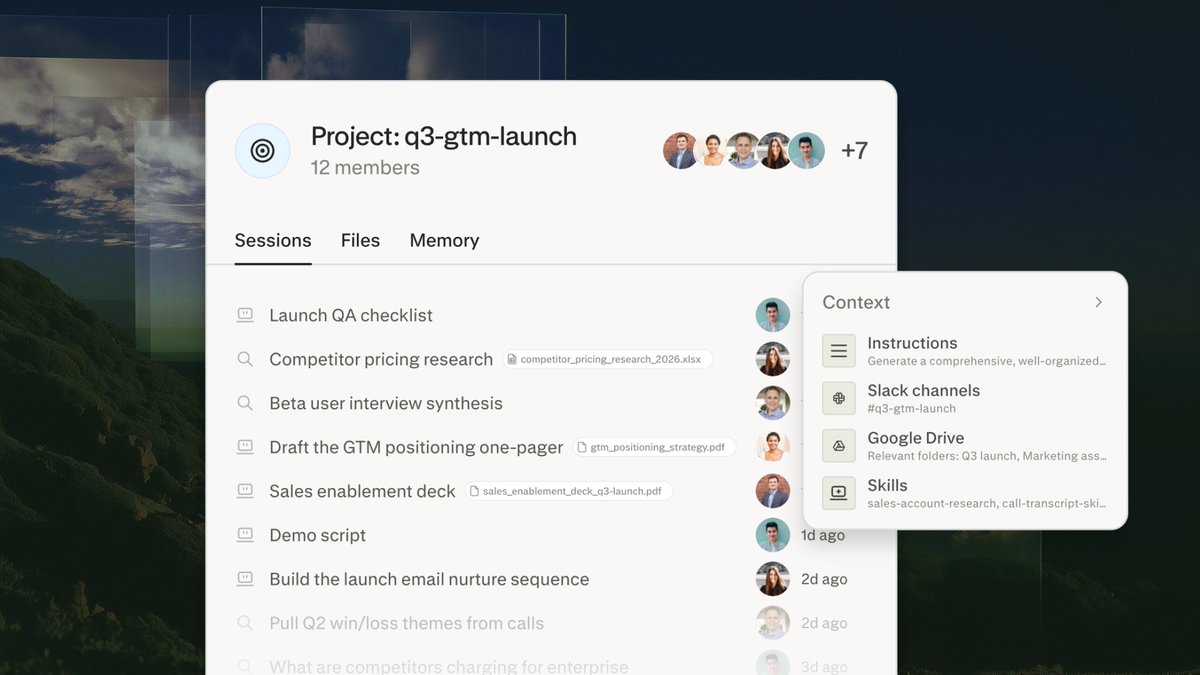 Project: q3-gtm-launch 12 members Sessions Files Memory Launch QA checklist Competitor pricing research competitor_pricing_research_2026.xlsx Beta user interview synthesis Draft the GTM positioning one-pager gtm_positioning_strategy.pdf Sales enablement deck sales_enablement_deck_q3-launch.pdf Demo script Build the launch email nurture sequence Pull Q2 win/loss themes from calls Context Instructions Generate a comprehensive, well-organized... Slack channels #q3-gtm-launch Google Drive Relevant folders: Q3 launch, Marketing ass... Skills sales-account-research, call-transcript-ski...