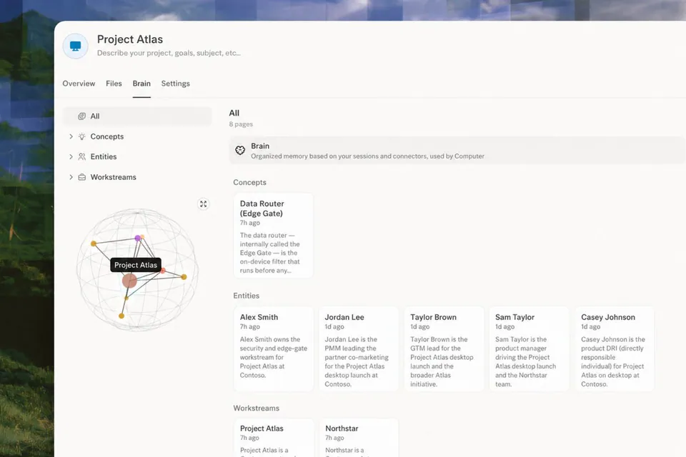 Project Atlas
Describe your project, goals, subject, etc...
Overview Files Brain Settings
All
8 pages
Brain
Organized memory based on your sessions and connectors, used by Computer
Concepts
Data Router (Edge Gate)
7h ago
The data router — internally called the Edge Gate — is the on-device filter that runs before any...
Entities
Alex Smith
7h ago
Alex Smith owns the security and edge-gate workstream for Project Atlas at Contoso.
Jordan Lee
1d ago
Jordan Lee is the PMM leading the partner co-marketing for the Project Atlas desktop launch at Contoso.
Taylor Brown
1d ago
Taylor Brown is the GTM lead for the Project Atlas desktop launch and the broader Atlas initiative.
Sam Taylor
1d ago
Sam Taylor is the product manager driving the Project Atlas desktop and the Northstar team.
Casey Johnson
1d ago
Casey Johnson is the product DRI (directly responsible individual) for Project Atlas on desktop at Contoso.
Workstreams
Project Atlas
7h ago
Project Atlas is a
Northstar
7h ago
Northstar is a
