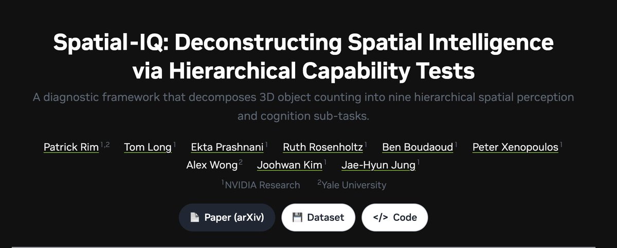 Spatial-IQ: Deconstructing Spatial Intelligence via Hierarchical Capability Tests
A diagnostic framework that decomposes 3D object counting into nine hierarchical spatial perception and cognition sub-tasks.
Patrick Rim 1,2 Tom Long 1 Ekta Prashnani 1 Ruth Rosenholtz 1 Ben Boudaoud 1 Peter Xenopoulos 1
Alex Wong 2 Joohwan Kim 1 Jae-Hyun Jung 1
1NVIDIA Research 2Yale University
Paper (arXiv) Dataset </> Code