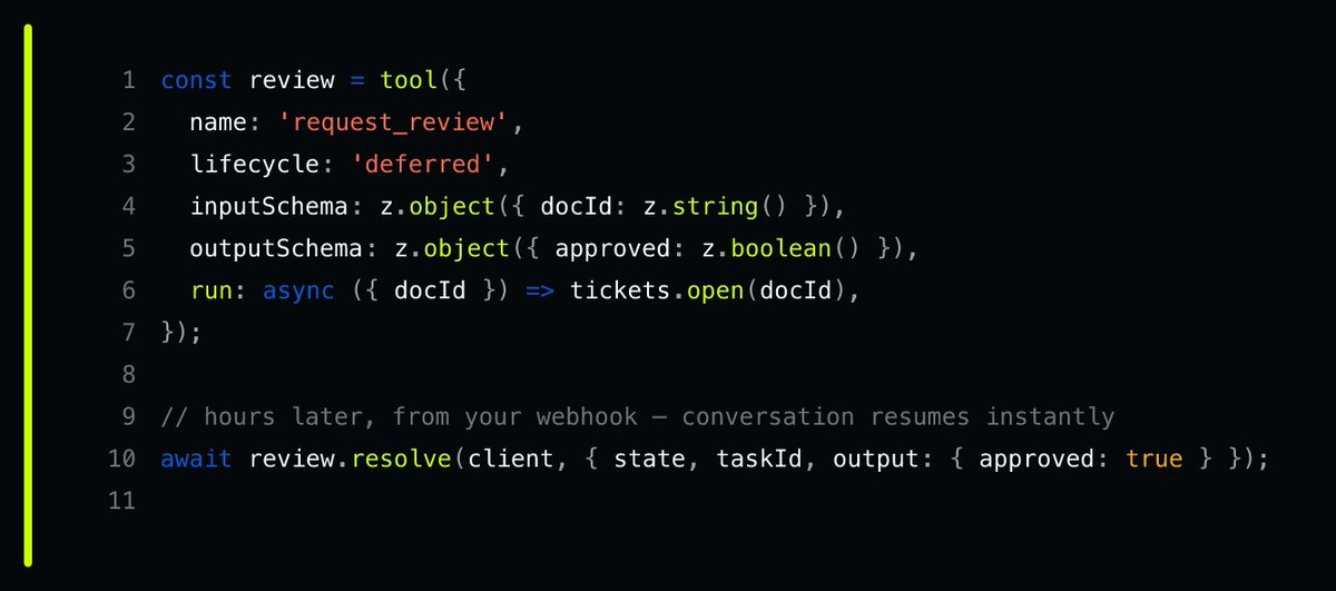 1 const review = tool({
2   name: 'request_review',
3   lifecycle: 'deferred',
4   inputSchema: z.object({ docId: z.string() }),
5   outputSchema: z.object({ approved: z.boolean() }),
6   run: async ({ docId }) => tickets.open(docId),
7 });
8
9 // hours later, from your webhook - conversation resumes instantly
10 await review.resolve(client, { state, taskId, output: { approved: true } });
