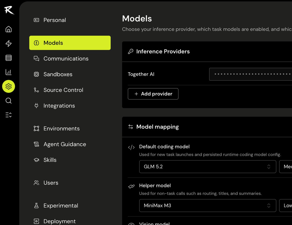 Models
Choose your inference provider, which task models are enabled, and whic
Inference Providers
Together AI
+ Add provider
Model mapping
Default coding model
Used for new task launches and persisted runtime coding model config.
GLM 5.2
Helper model
Used for non-task calls such as routing, titles, and summaries.
MiniMax M3
Vision model
