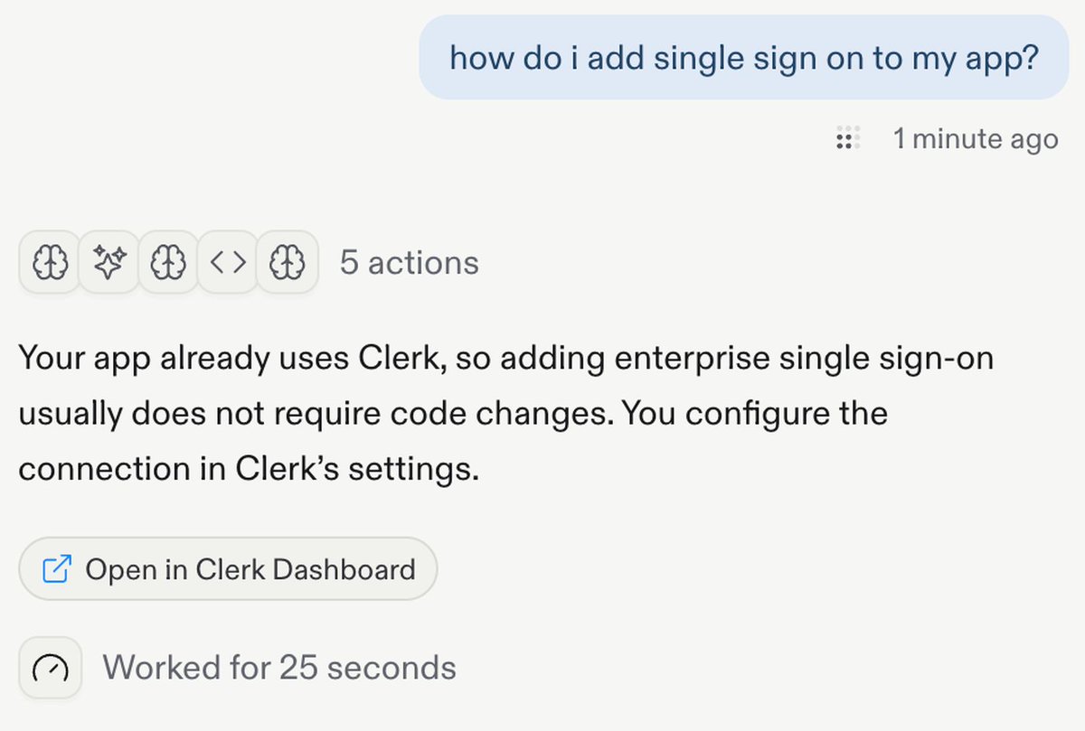 how do i add single sign on to my app?
5 actions
Your app already uses Clerk, so adding enterprise single sign-on usually does not require code changes. You configure the connection in Clerk’s settings.
Open in Clerk Dashboard
Worked for 25 seconds