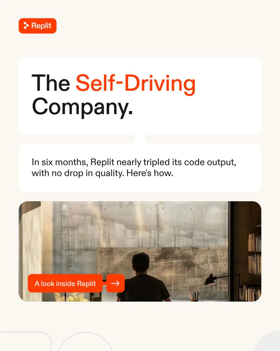 Replit
The Self-Driving Company.
In six months, Replit nearly tripled its code output, with no drop in quality. Here's how.
A look inside Replit