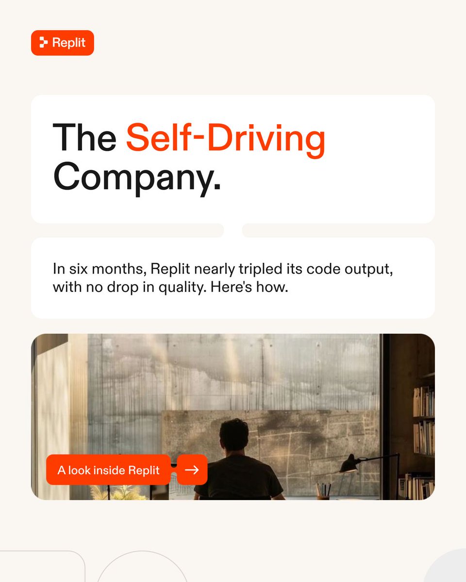 Replit
The Self-Driving Company.
In six months, Replit nearly tripled its code output, with no drop in quality. Here's how.
A look inside Replit