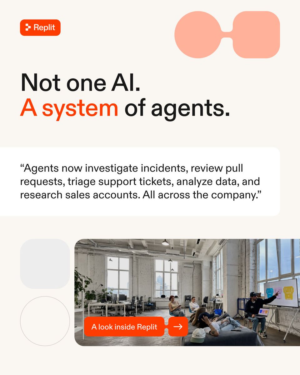 Replit
Not one AI.
A system of agents.
“Agents now investigate incidents, review pull requests, triage support tickets, analyze data, and research sales accounts. All across the company.”
A look inside Replit