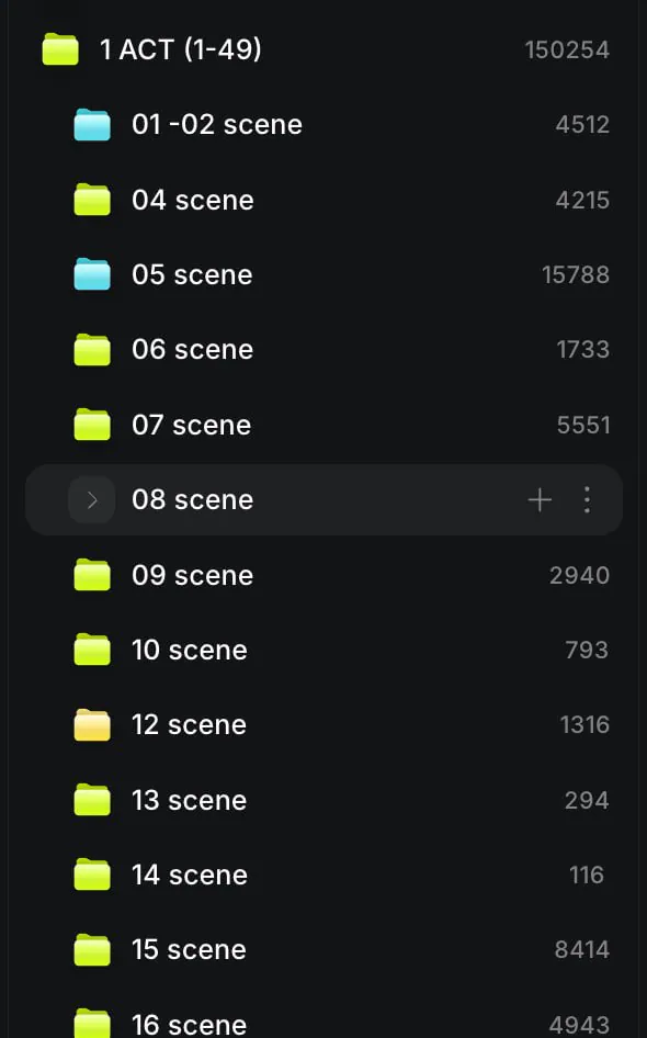 1 ACT (1-49) 150254
01 -02 scene 4512
04 scene 4215
05 scene 15788
06 scene 1733
07 scene 5551
08 scene + :
09 scene 2940
10 scene 793
12 scene 1316
13 scene 294
14 scene 116
15 scene 8414
16 scene 4943