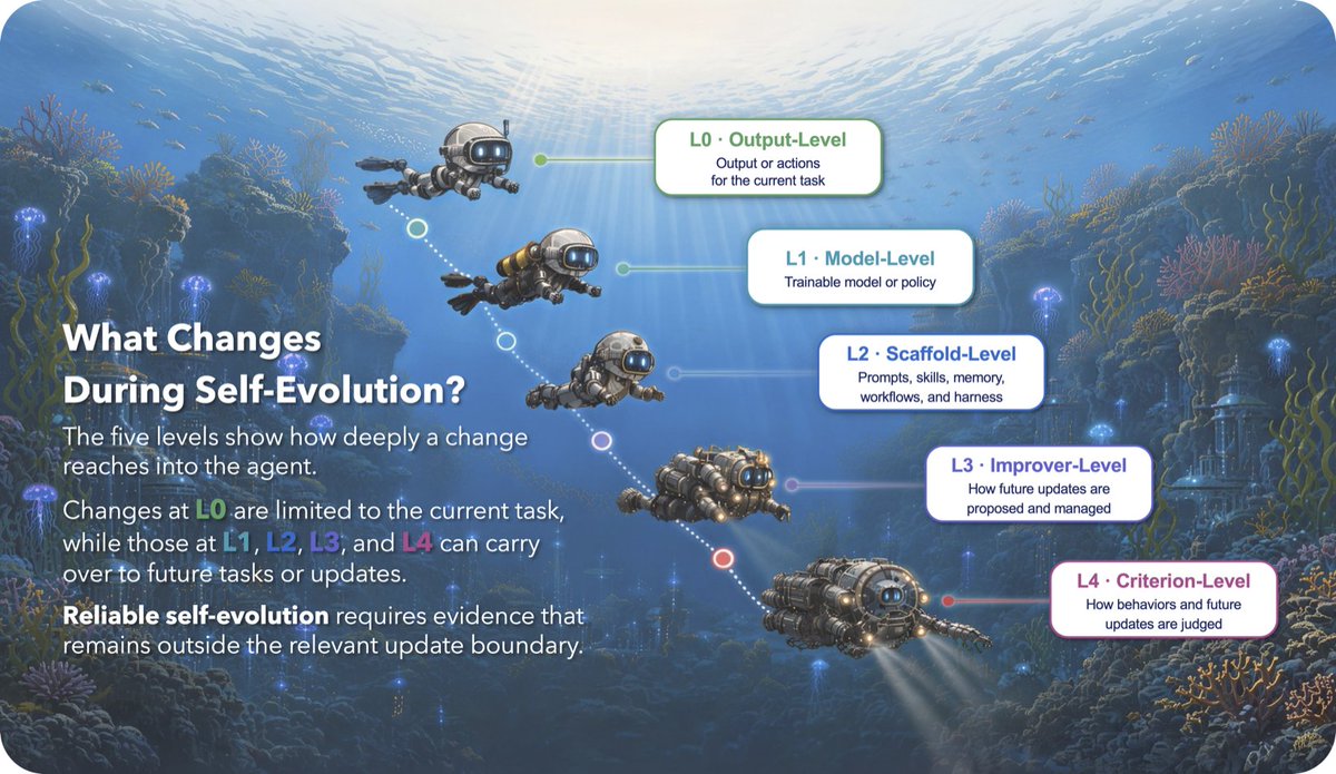 What Changes During Self-Evolution? The five levels show how deeply a change reaches into the agent. Changes at L0 are limited to the current task, while those at L1, L2, L3, and L4 can carry over to future tasks or updates. Reliable self-evolution requires evidence that remains outside the relevant update boundary. L0 · Output-Level Output or actions for the current task L1 · Model-Level Trainable model or policy L2 · Scaffold-Level Prompts, skills, memory, workflows, and harness L3 · Improver-Level How future updates are proposed and managed L4 · Criterion-Level How behaviors and future updates are judged