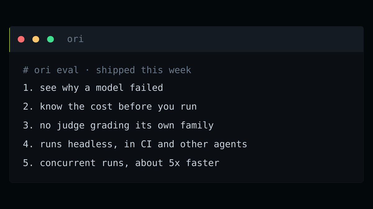 # ori eval · shipped this week
1. see why a model failed
2. know the cost before you run
3. no judge grading its own family
4. runs headless, in CI and other agents
5. concurrent runs, about 5x faster