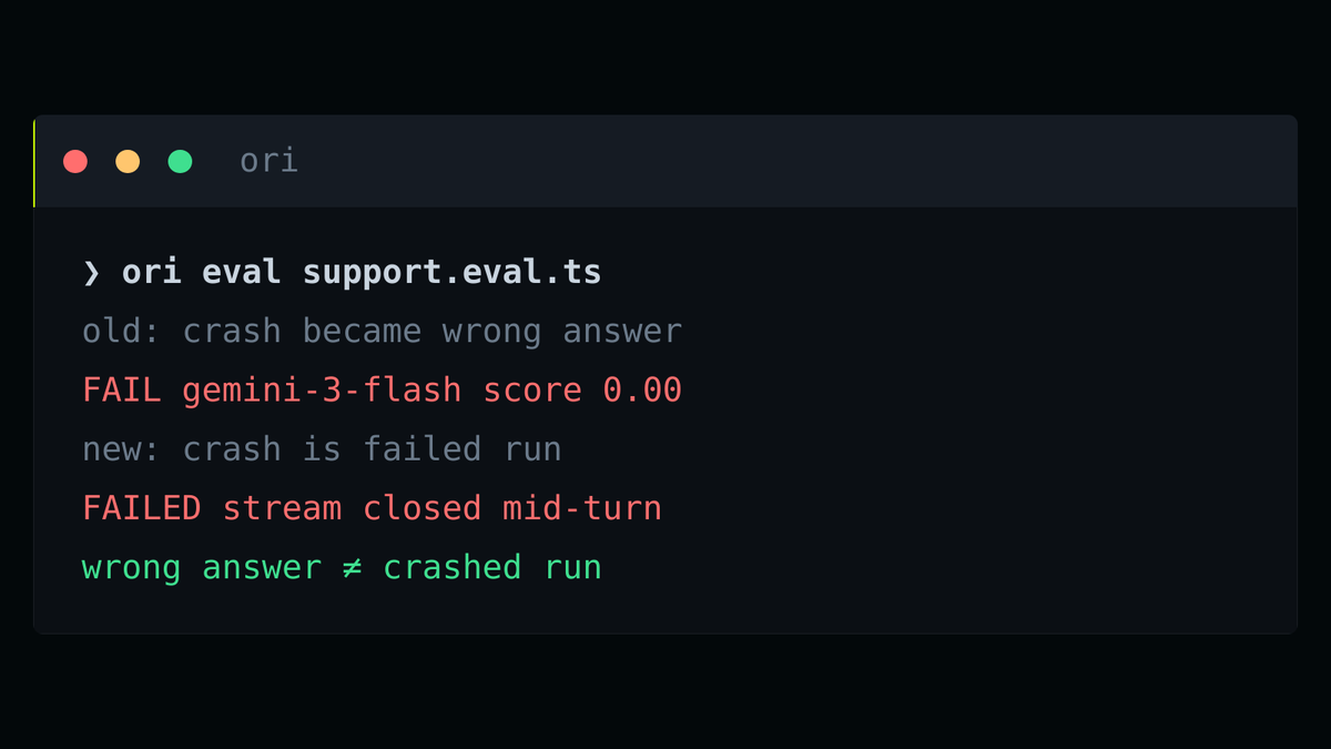 > ori eval support.eval.ts
old: crash became wrong answer
FAIL gemini-3-flash score 0.00
new: crash is failed run
FAILED stream closed mid-turn
wrong answer ≠ crashed run