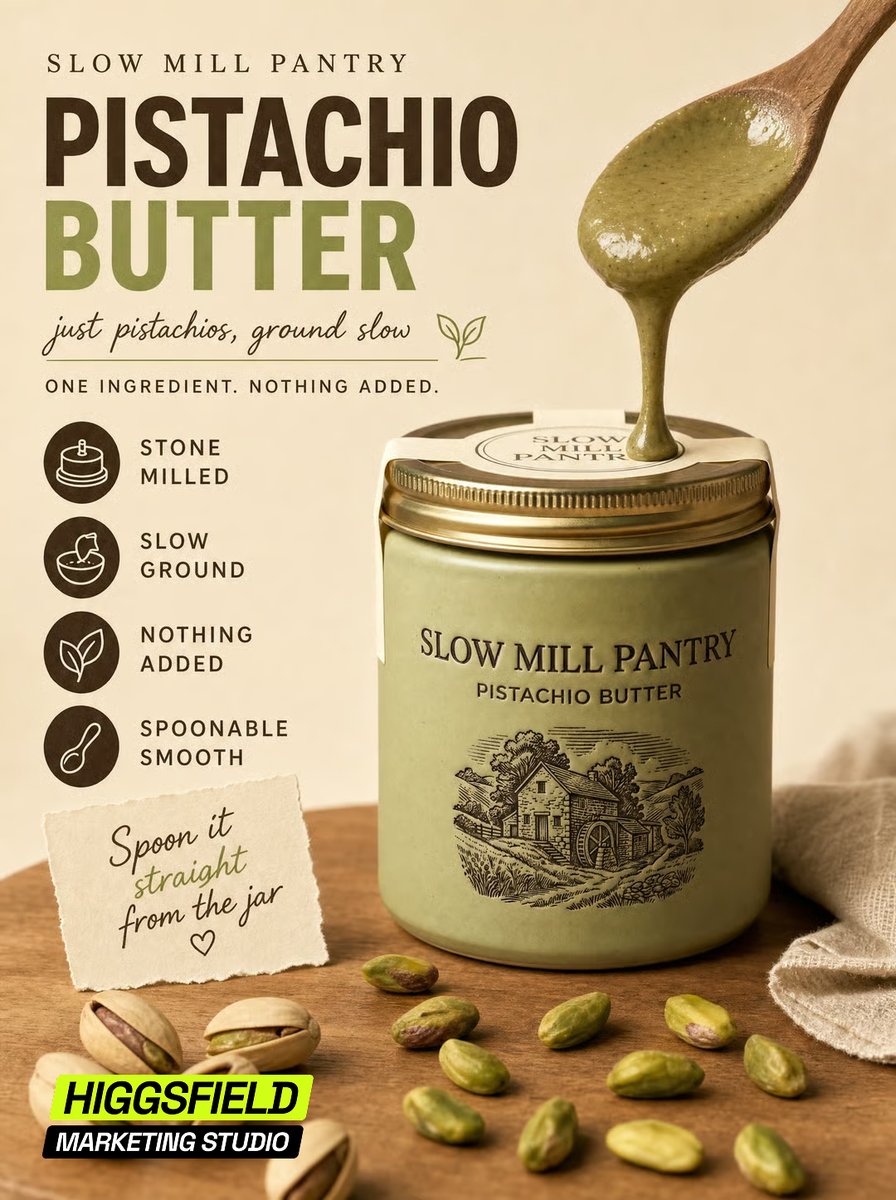 SLOW MILL PANTRY PISTACHIO BUTTER just pistachios, ground slow ONE INGREDIENT. NOTHING ADDED. STONE MILLED SLOW GROUND NOTHING ADDED SPOONABLE SMOOTH Spoon it straight from the jar HIGGSFIELD MARKETING STUDIO