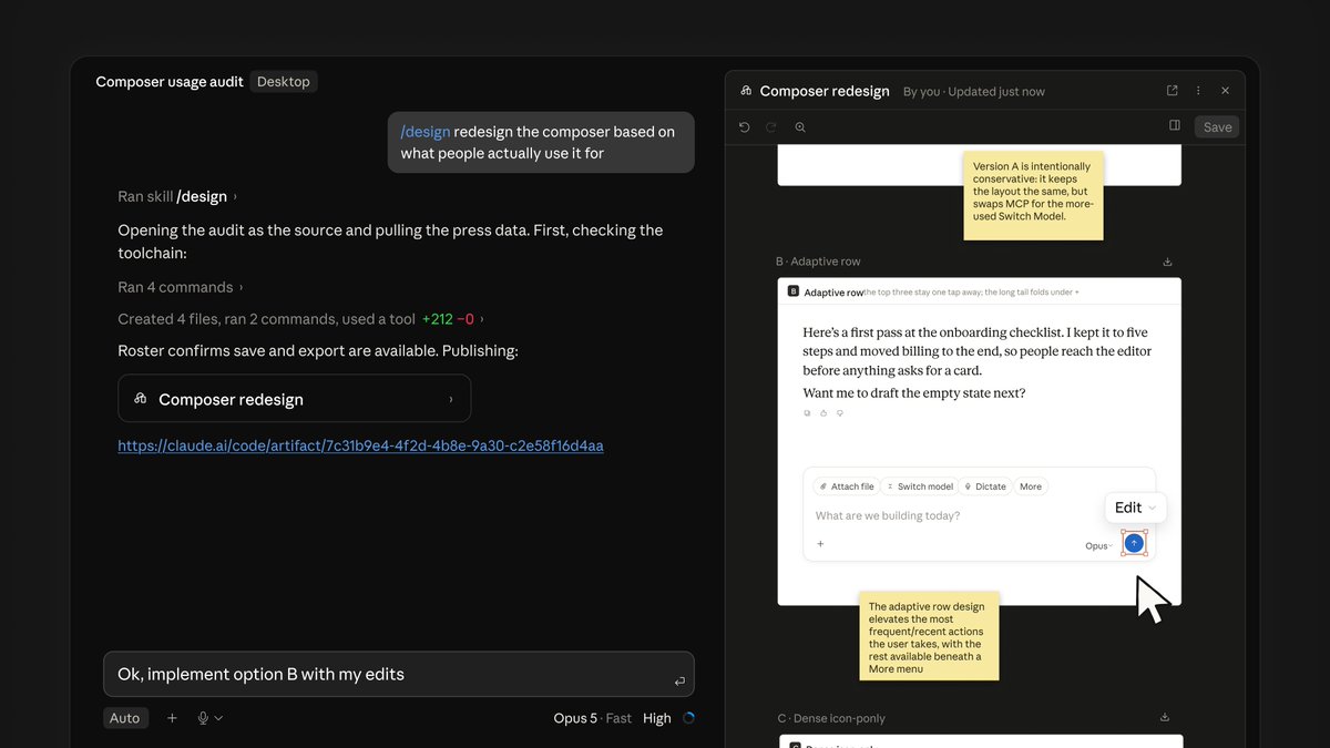 Composer usage audit; Composer redesign; Version A is intentionally conservative: it keeps the layout the same, but swaps MCP for the more-used Switch Model.; B - Adaptive row; Adaptive row the top three stay one tap away; the long tail folds under; Here's a first pass at the onboarding checklist. I kept it to five steps and moved billing to the end, so people reach the editor before anything asks for a card. Want me to draft the empty state next?; Attach file; Switch model; Dictate; More; Edit; Opus; The adaptive row design elevates the most frequent/recent actions the user takes, with the rest available beneath a More menu; C - Dense icon-only