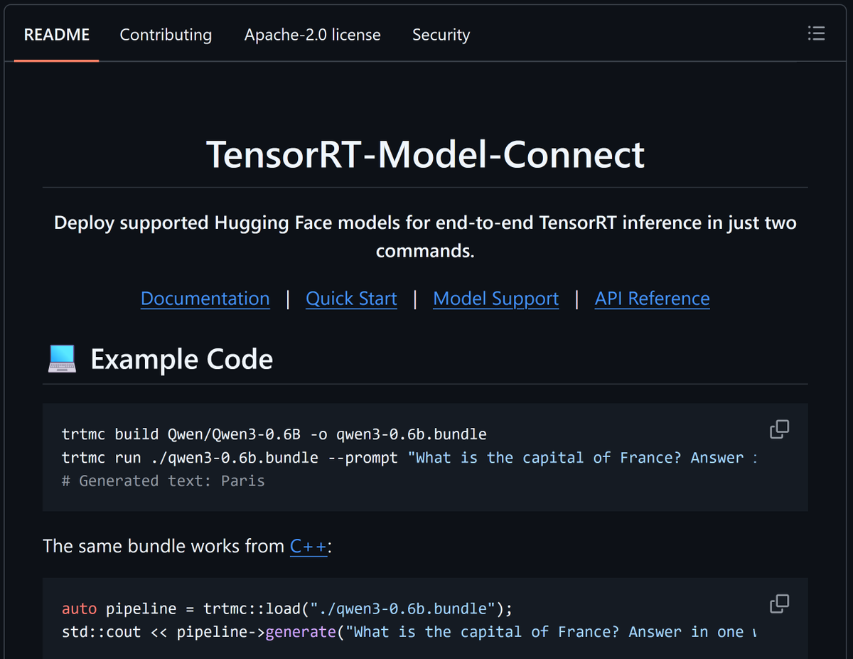 trtmc build Qwen/Qwen3-0.6B -o qwen3-0.6b.bundle
trtmc run ./qwen3-0.6b.bundle --prompt "What is the capital of France? Answer :
# Generated text: Paris