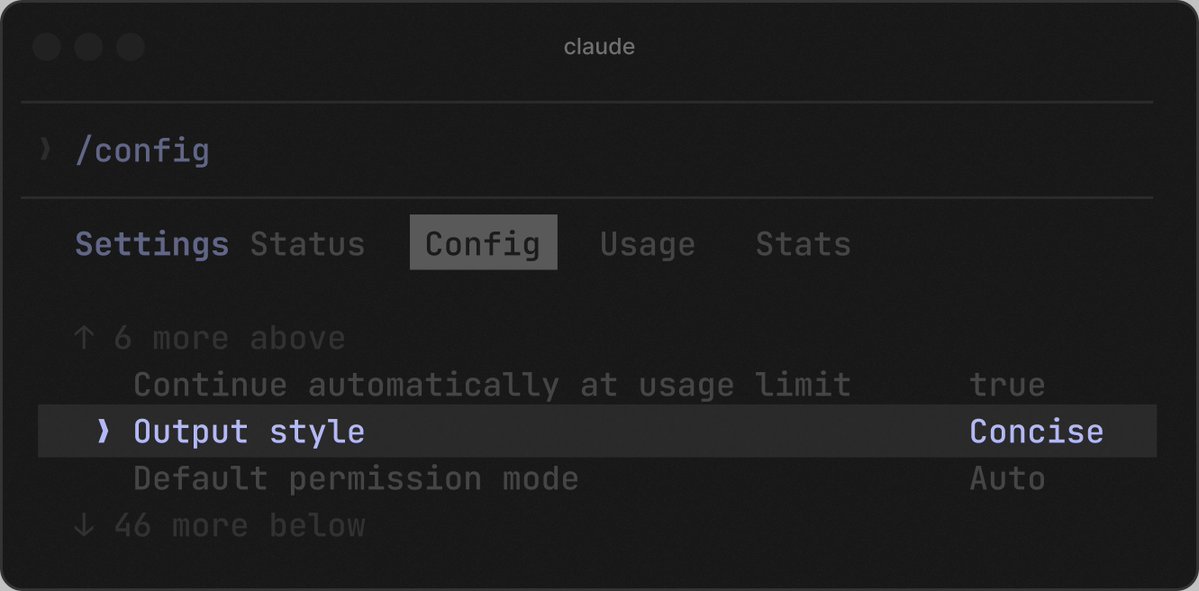 /config
Settings Status Config Usage Stats
↑ 6 more above
Continue automatically at usage limit true
> Output style Concise
Default permission mode Auto
↓ 46 more below