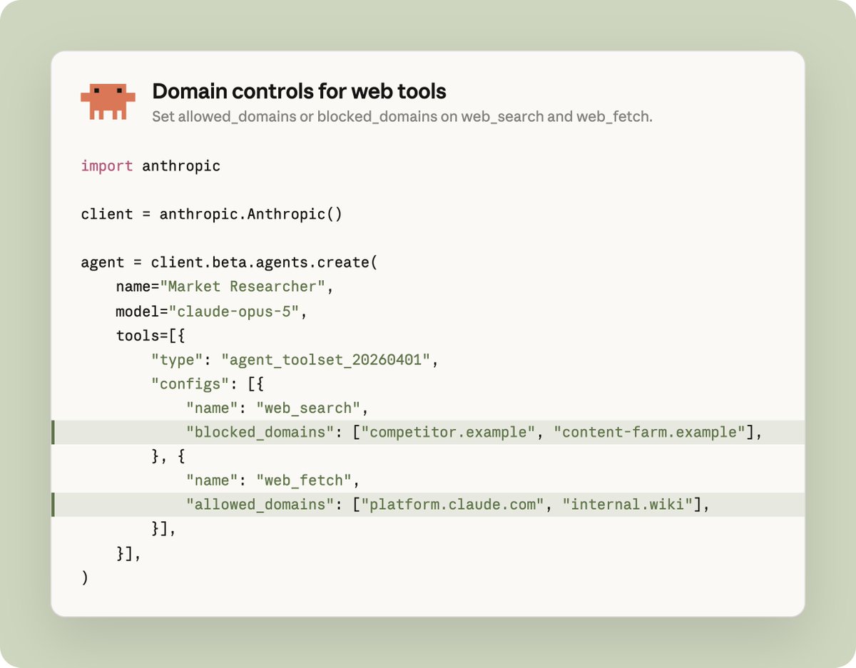 Domain controls for web tools
Set allowed_domains or blocked_domains on web_search and web_fetch.