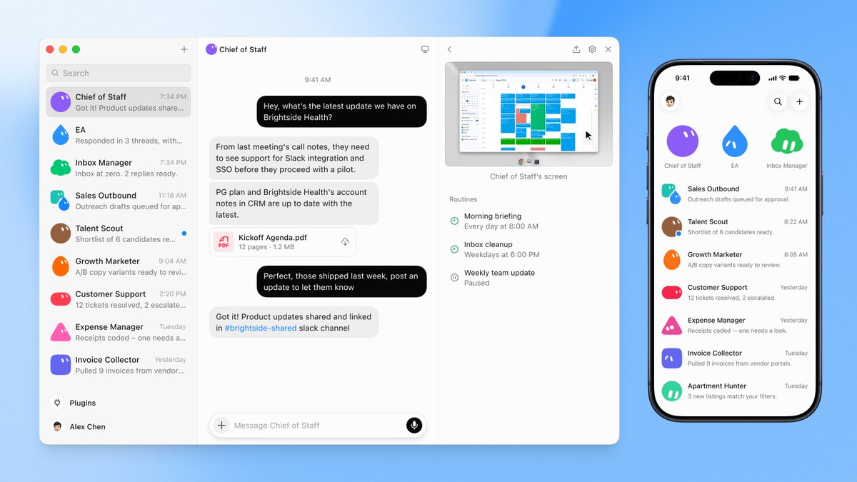 Chief of Staff, EA, Inbox Manager, Sales Outbound, Talent Scout, Growth Marketer, Customer Support, Expense Manager, Invoice Collector, Apartment Hunter, Routines, Morning briefing, Inbox cleanup, Weekly team update