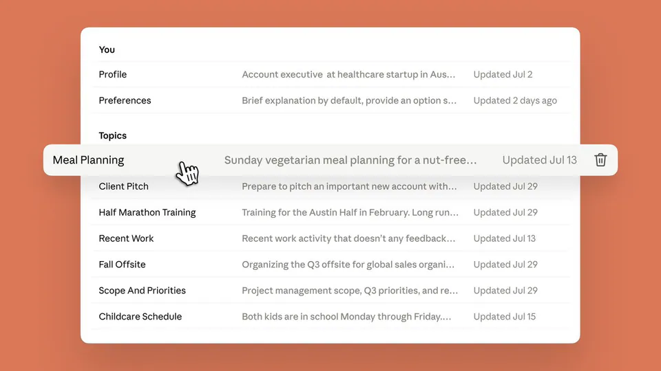 You, Profile, Preferences, Topics, Meal Planning, Client Pitch, Half Marathon Training, Recent Work, Fall Offsite, Scope And Priorities, Childcare Schedule