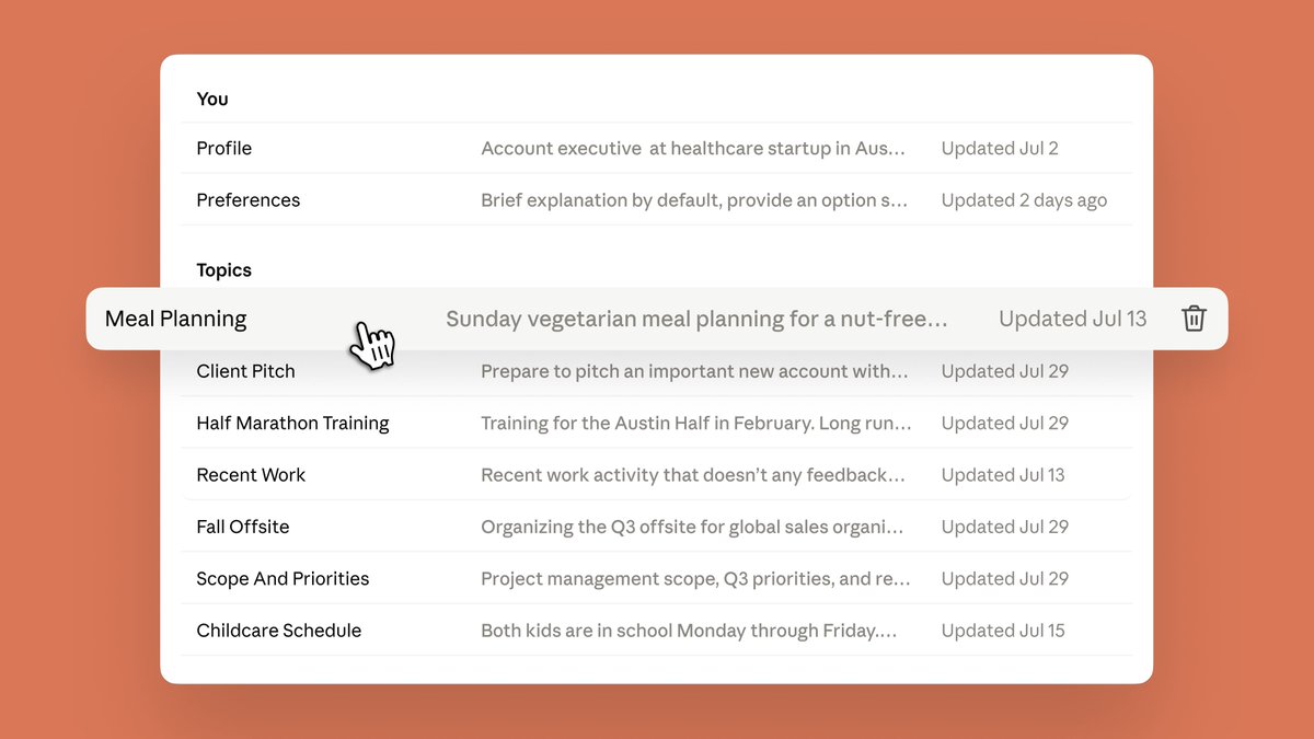You, Profile, Preferences, Topics, Meal Planning, Client Pitch, Half Marathon Training, Recent Work, Fall Offsite, Scope And Priorities, Childcare Schedule