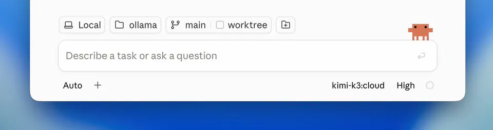 Local ollama main worktree Describe a task or ask a question Auto + kimi-k3:cloud High