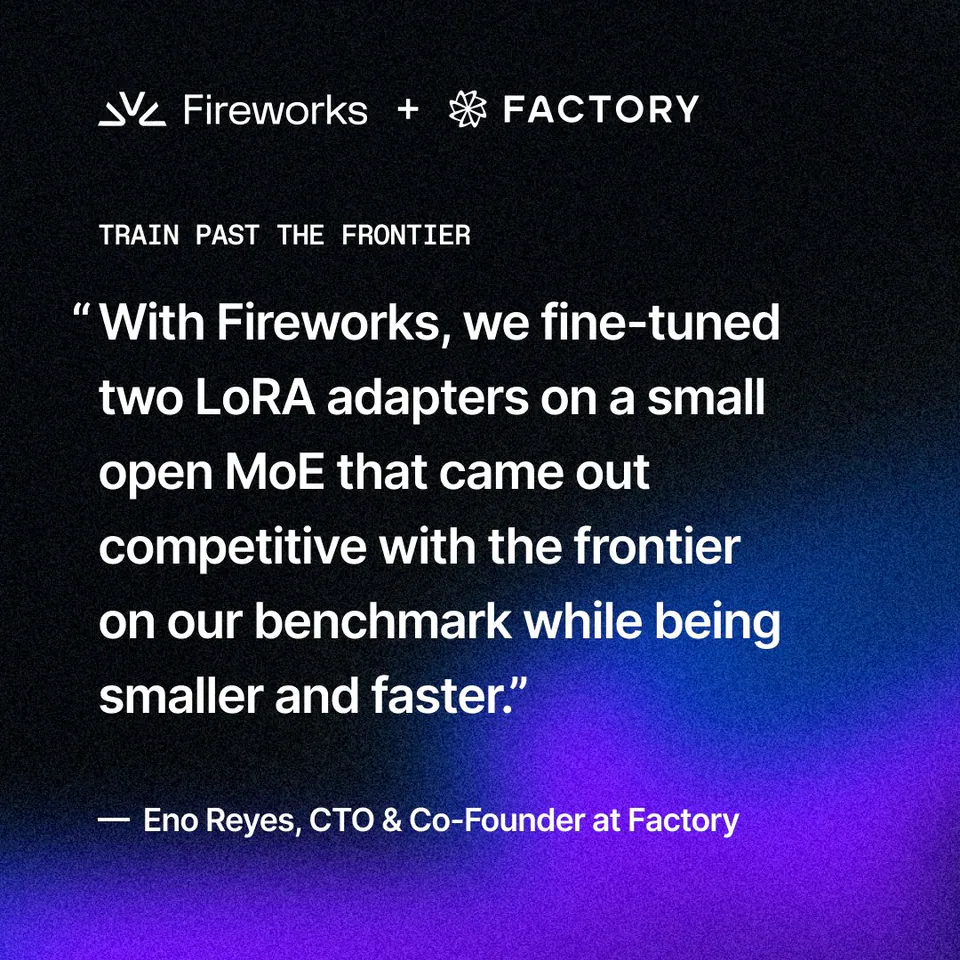 Fireworks + FACTORY
TRAIN PAST THE FRONTIER
“With Fireworks, we fine-tuned two LoRA adapters on a small open MoE that came out competitive with the frontier on our benchmark while being smaller and faster.”
— Eno Reyes, CTO & Co-Founder at Factory