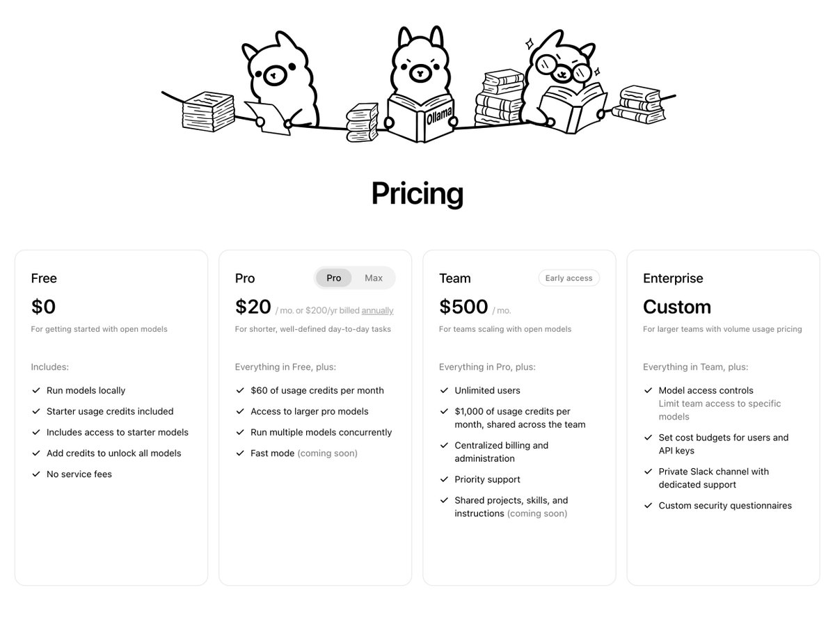 Pricing
Free
$0
For getting started with open models
Includes:
✓ Run models locally
✓ Starter usage credits included
✓ Includes access to starter models
✓ Add credits to unlock all models
✓ No service fees