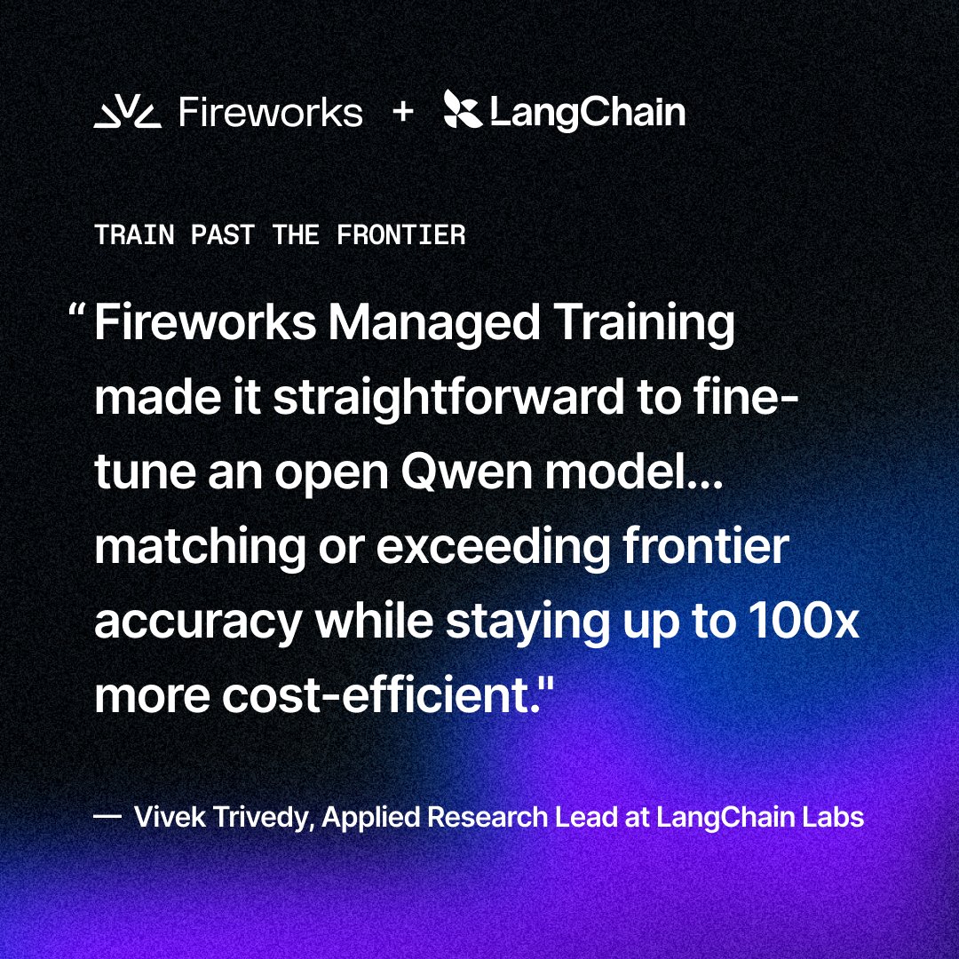 Fireworks + LangChain
TRAIN PAST THE FRONTIER
“ Fireworks Managed Training made it straightforward to fine-tune an open Qwen model... matching or exceeding frontier accuracy while staying up to 100x more cost-efficient.”
— Vivek Trivedy, Applied Research Lead at LangChain Labs