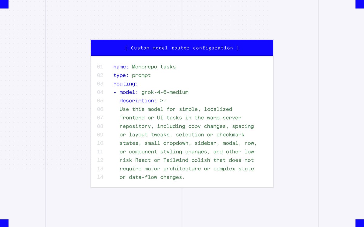[ Custom model router configuration ]
01 name: Monorepo tasks
02 type: prompt
03 routing:
04 - model: grok-4-6-medium
05 description: >-
06 Use this model for simple, localized
07 frontend or UI tasks in the warp-server
08 repository, including copy changes, spacing
09 or layout tweaks, selection or checkmark
10 states, small dropdown, sidebar, modal, row,
11 or component styling changes, and other low-
12 risk React or Tailwind polish that does not
13 require major architecture or complex state
14 or data-flow changes.