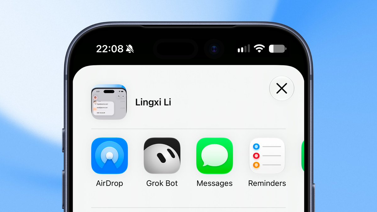 Lingxi Li, AirDrop, Grok Bot, Messages, Reminders